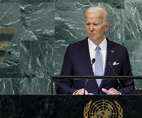 NEW YORK, Sept. 21 — U.S. President Joe Biden speaks during the 77th session of the United Nations General Assembly (UNGA) at U.N. headquarters on September 21, 2022 in New York City. During his remark Biden condemned Russia for its invasion in Ukraine and discussed the United States investment in combatting climate change. After two years of holding the session virtually or in a hybrid format, 157 heads of state and representatives of government are expected to attend the General Assembly in person.  (Photo by Anna Moneymaker/Getty Images)
