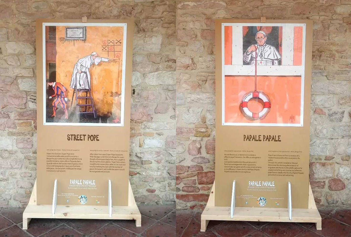 Images of Pope Francis by Roman artist Mauro Pallotta, or Maupal, on display in Assissi, Italy. Photos by Enrico Mattioni