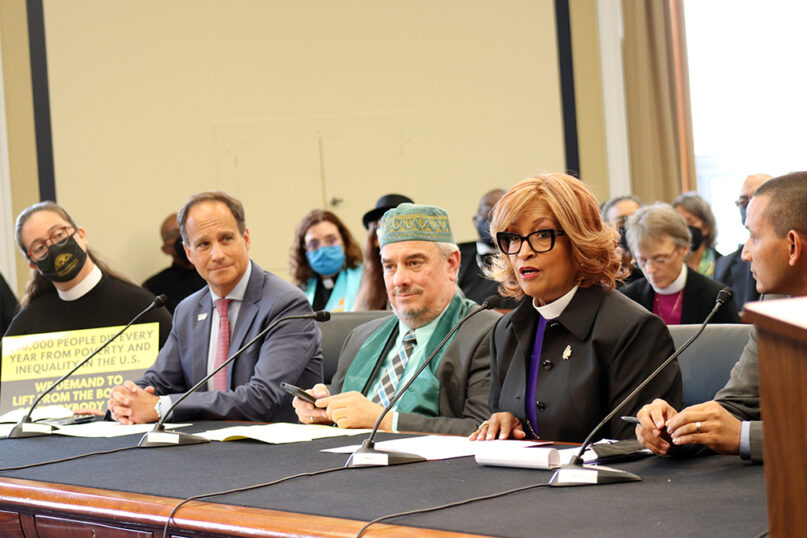 The Rev. Liz Theoharis, from left, Rabbi Jonah Pesner, Imam Saffet Catovic and Bishop Vashti McKenzie during the Poor People’s Campaign’s congressional briefing on Sept. 22, 2022, at the Rayburn House Office Building in Washington. RNS photo by Adelle M. Banks