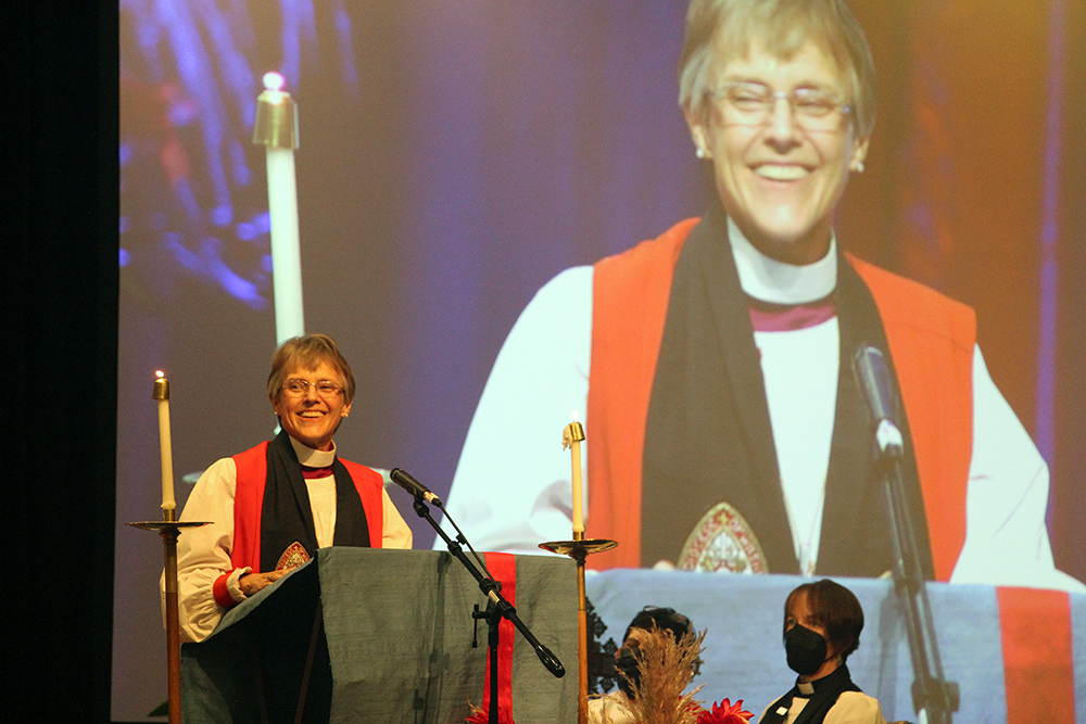 Bishop Mariann Edgar Budde of the Episcopal Diocese of Washington speaks at the ordination of Bishop Paula Clark of the Diocese of Chicago on Sept. 17, 2022, at the Westin Chicago Lombard in suburban Lombard, Illinois. RNS photo by Emily McFarlan Miller