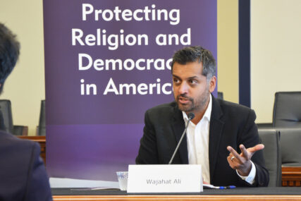 Lawyer and author Wajahat Ali answers a question during the Interfaith Alliance's talk about Christian nationalism and it's impact on religion and democracy in America. RNS photo by Jack Jenkins