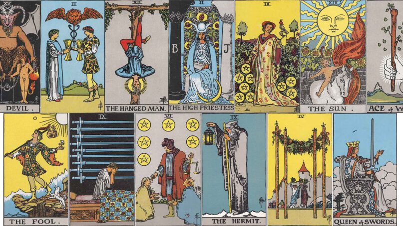 A variety of cards from the Rider-Waite-Smith tarot deck, illustrated by Pamela Colman Smith. Images courtesy of Wikipedia/Creative Commons