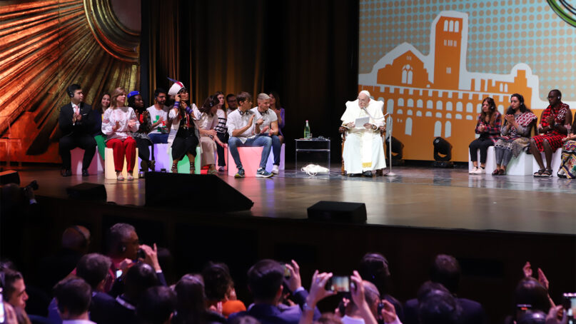 Pope Francis speaks during the 'Economy of Francesco' meetings with young entrepreneurs for a more inclusive and human economy, Saturday, Sept. 24, 2022, in Assissi, Italy. Photo courtesy of Economy of Francesco