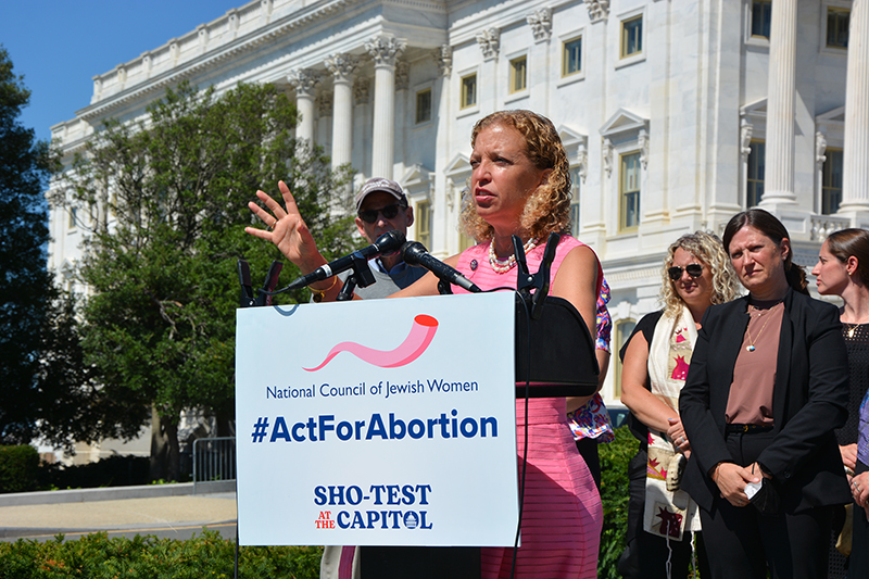 Rep. Debbie Wasserman Schultz, of Florida, speaks outside the U.S. Capitol on Wednesday, Sept. 14, 2022, during an abortion rights event organized by the National Council of Jewish Women. RNS photo by Jack Jenkins