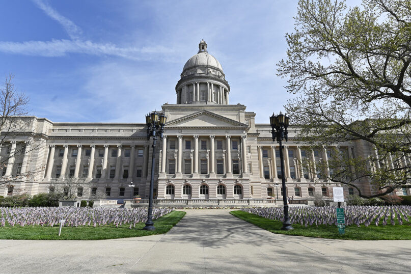 FILE - Exterior photo of the Kentucky State Capitol in Frankfort, Ky., Wednesday, April 7, 2021.  On Friday, July 1, 2022, The Associated Press reported on stories circulating online incorrectly claiming Kentucky is considering legislation that would require women to submit to the state every month a statement from a doctor indicating if they are pregnant — or else face penalties. (AP Photo/Timothy D. Easley, File)