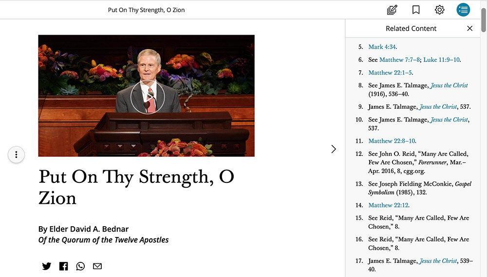 Elder David Bednar's published speech, with footnotes at right, on the Church of Jesus Christ of Latter-day Saints website. Screen grab