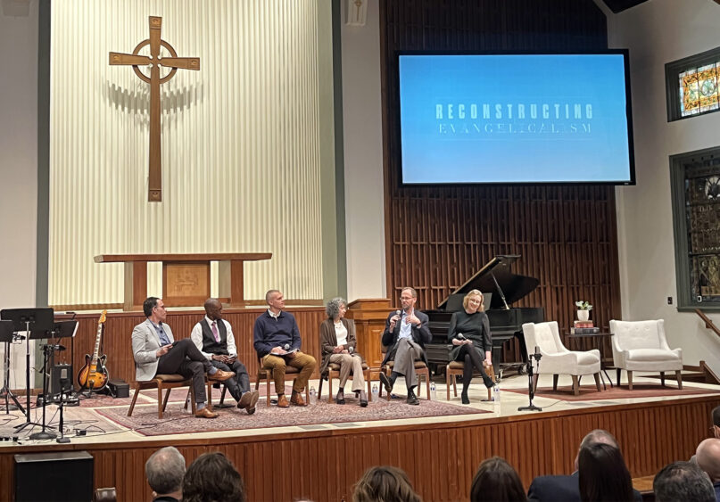Panelists Joel Lawrence, from left, Malcolm Foley, Gavin Ortlund, Elizabeth Conde-Frazier, Doug Sweeney and Kristin Kobes Du Mez participate in the Reconstructing Evangelicalism Conference, Monday, Oct. 24, 2022, at Calvary Memorial Church in Oak Park, Illinois. RNS photo by Bob Smietana