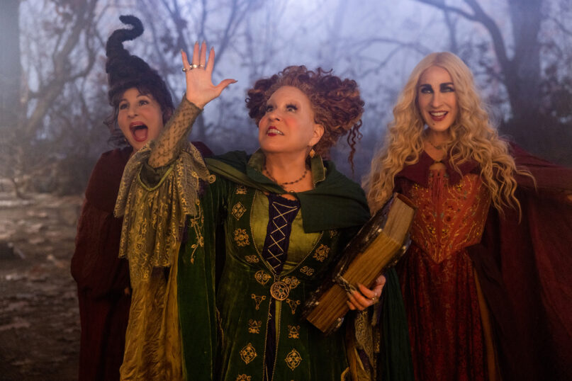 Kathy Najimy as Mary Sanderson, from left, Bette Midler as Winifred Sanderson and Sarah Jessica Parker as Sarah Sanderson in Disney’s live-action “Hocus Pocus 2.” Photo by Matt Kennedy. © 2022 Disney Enterprises Inc. All rights reserved