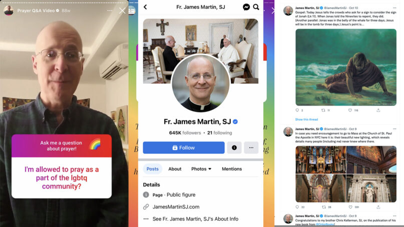 Examples of the Rev. James Martin's presence on social media, including Instagram, from left, Facebook and Twitter. Screen grabs