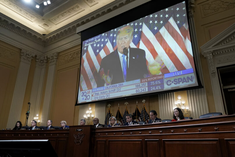 A video of then-President Donald Trump is shown on a screen as the House select committee investigating the Jan. 6 attack on the U.S. Capitol holds a hearing, on Capitol Hill in Washington, Thursday, Oct. 13, 2022. (AP Photo/J. Scott Applewhite)