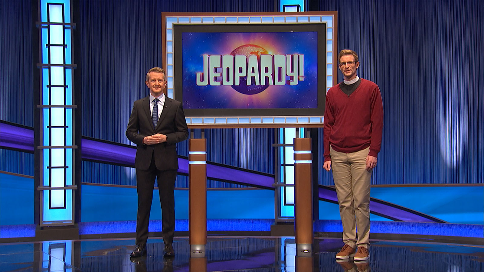 Jeopardy! co-host Ken Jennings, left, and the Rev. David Sibley pose together on the set. Photo courtesy of Jeopardy! Productions