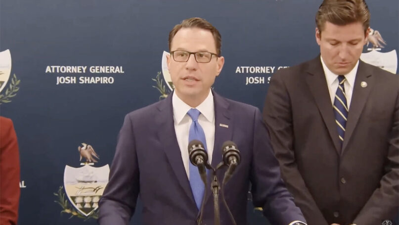Pennsylvania Attorney General Josh Shapiro announces at a news conference that four Jehovah's Witnesses have been arrested and charged with child sex abuse, Oct. 27, 2022. Video screen grab