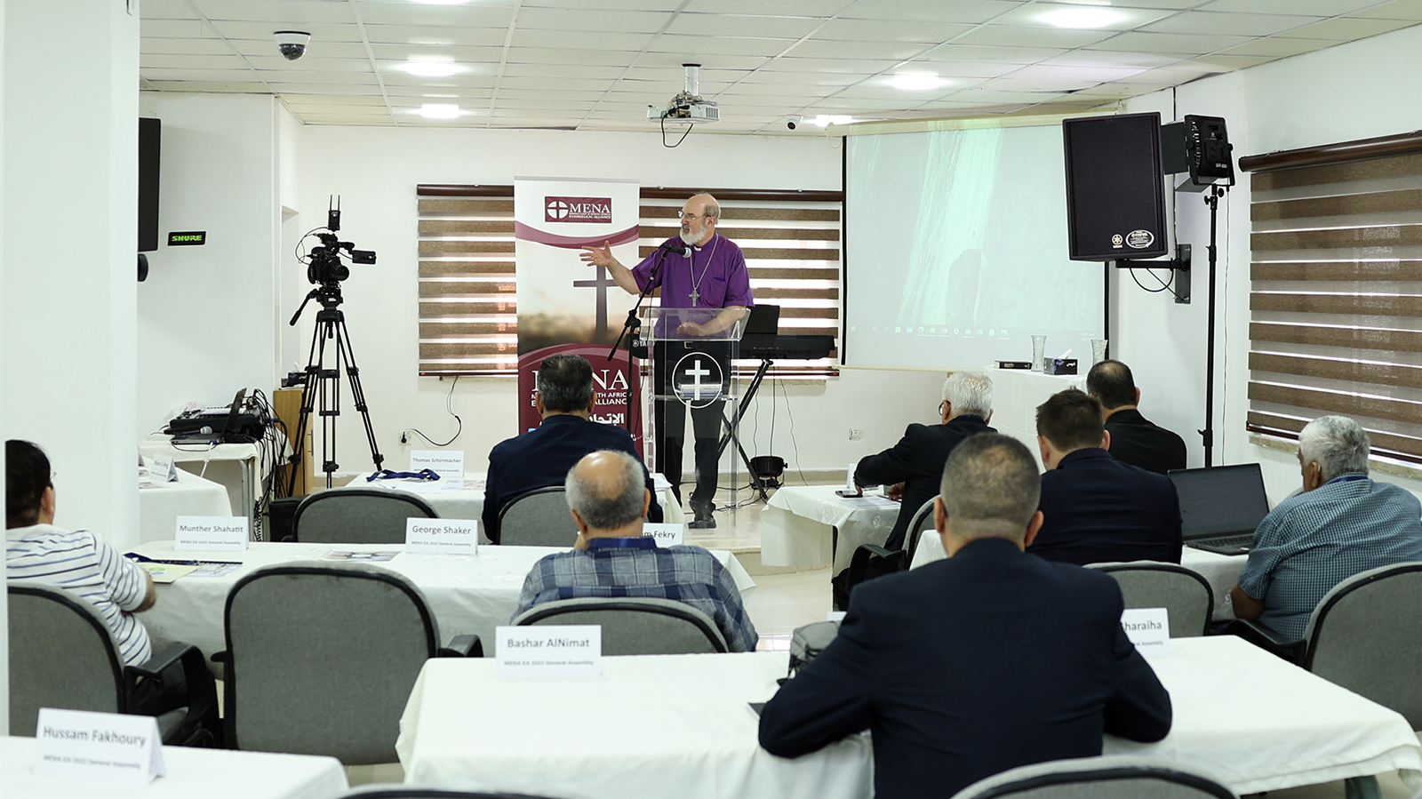Bishop Thomas Schirrmacher addresses attendees at a meeting of the Middle East and North Africa Evangelical National Councils, held Sept. 26–28, 2022, at the Ajloun Baptist Center north of Jordan’s capital, Amman. Photo by Daoud Kuttab