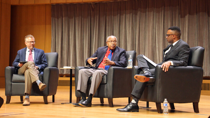 Dave Tell, from left, the Rev. Wheeler Parker Jr. and Theon Hill participate in the “Remembering Emmett Till: A Conversation on Race, Nation and Faith