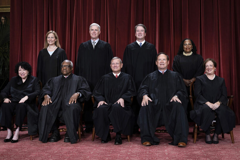 Members of the Supreme Court sit for a new group portrait after the addition of Associate Justice Ketanji Brown Jackson, at the Supreme Court building in Washington,  Oct. 7, 2022. Bottom row, from left, Associate Justice Sonia Sotomayor, Associate Justice Clarence Thomas, Chief Justice of the United States John Roberts, Associate Justice Samuel Alito and Associate Justice Elena Kagan. Top row, from left, Associate Justice Amy Coney Barrett, Associate Justice Neil Gorsuch, Associate Justice Brett Kavanaugh and Associate Justice Ketanji Brown Jackson. (AP Photo/J. Scott Applewhite)