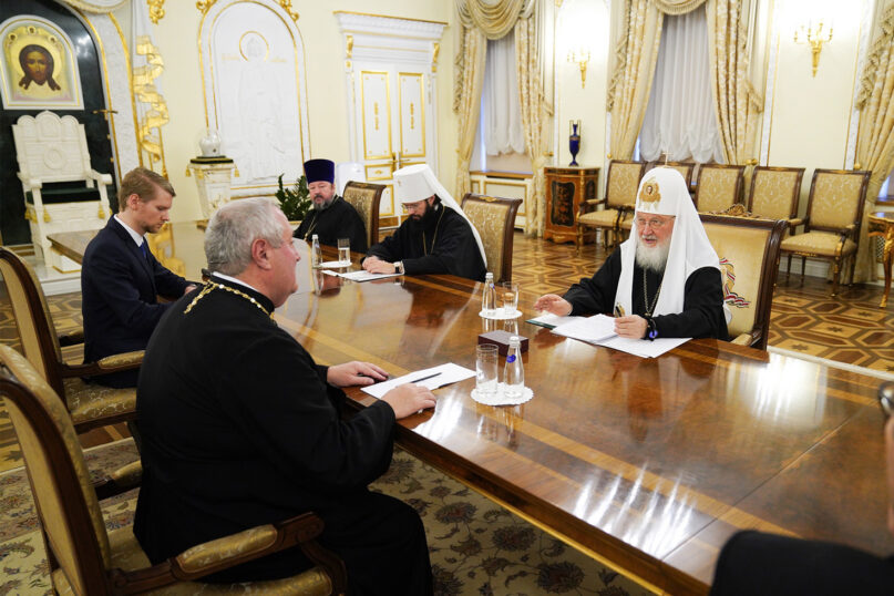 World Council of Churches acting General Secretary Fr. Ioan Sauca, left, meets with Patriarch Kirill, right, head of the Russian Orthodox Church, at the Patriarchal Residence in St. Daniel’s Monastery, in Moscow, Russia, on Oct. 17, 2022. Photo by Moscow Patriarchate