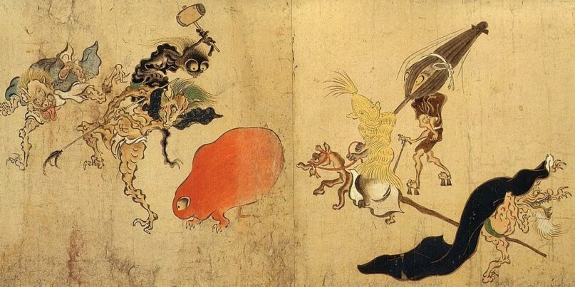 Monsters and spirits –including 'tsukumogami,' which are made of everyday objects – in the 'Hyakki-Yagyō-Emaki' scroll, painted between the 14th and 16th centuries. (Wikimedia Commons)
