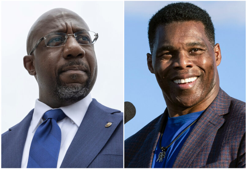 This combination of photos shows Sen. Raphael Warnock, D-Ga., speaking to reporters on Capitol Hill in Washington, Aug. 3, 2021, left, and Republican Senate candidate Herschel Walker speaking in Perry, Georgia, Sept. 25, 2021. (AP Photo)