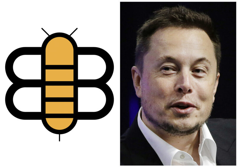 The Babylon Bee logo, left, and Elon Musk. (AP Photo/Stephan Savoia)