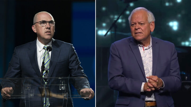 Pastor Bart Barber, left, in 2022. Pastor Johny Hunt, right, in 2020. (AP Photo/Jae C. Hong, left. Video screen grab, right)