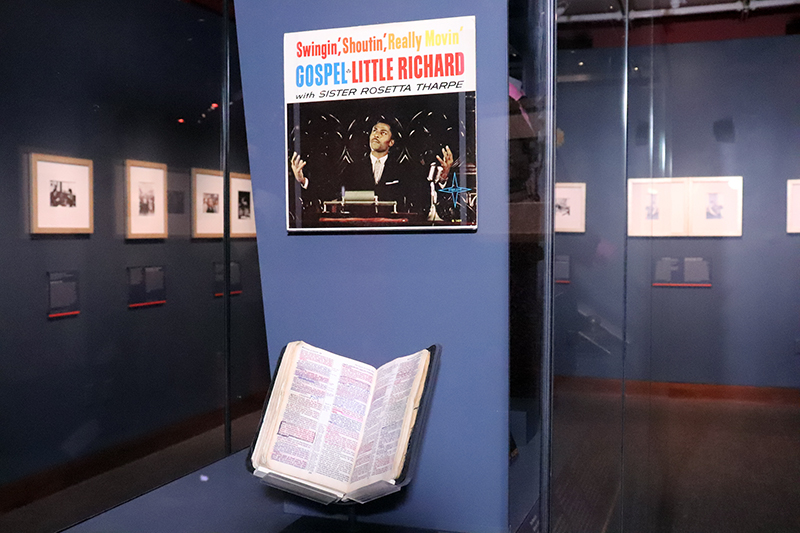 A Bible owned by Little Richard, placed beneath an album cover titled “Swingin’, Shoutin, Really Movin’ Gospel” at “Spirit in the Dark: Religion in Black Music, Activism and Popular Culture,” a new exhibition of the Smithsonian’s National Museum of African American History and Culture. RNS photo by Adelle M. Banks