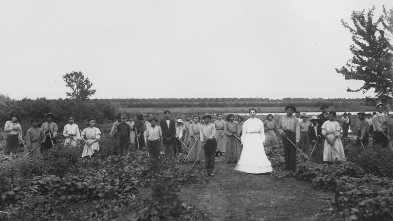 Students work in the garden at Chilocco Indian School near  Newkirk, Oklahoma, circa 1909. Photo courtesy of NARA/Wikipedia/Creative Commons