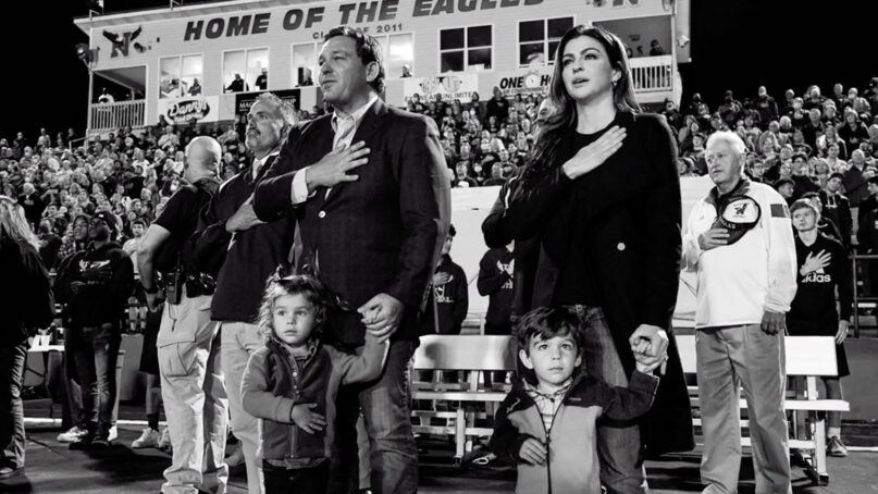 Florida Gov. Ron DeSantis with his family in a still from his new “God made a fighter” ad. Video screen grab