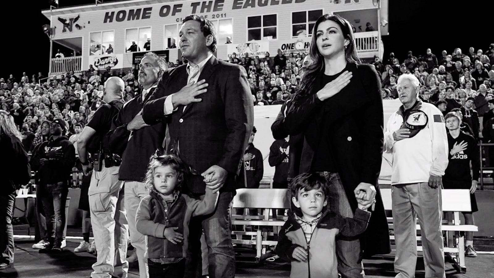 Florida Gov. Ron DeSantis with his family in a still from his new ‘God made a fighter’ ad. Video screen grab