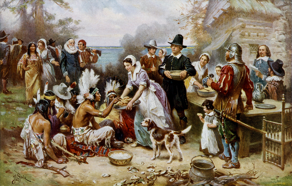 "The First Thanksgiving, 1621" by Jean Leon Gerome Ferris, circa 1912-1915. Image courtesy of LOC/Wikimedia/Creative Commons