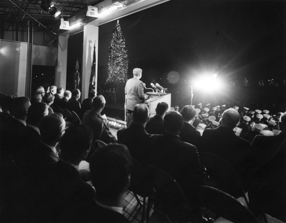 President John F. Kennedy speaks during the National Christmas Tree lighting ceremony in 1962. Photo courtesy of John F. Kennedy Presidential Library and Museum/NARA/Creative Commons
