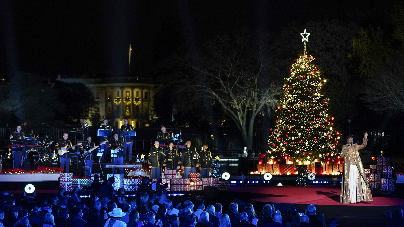 Billy Porter performs as President Joe Biden and first lady Jill Biden attend the National Christmas Tree lighting ceremony at the Ellipse near the White House, Thursday, Dec. 2, 2021, in Washington. (AP Photo/Andrew Harnik)