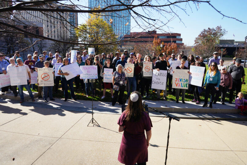 A hundred rabbis gathered to rally for reproductive rights on Nov. 9, 2022, in St. Louis’ Memorial Park Plaza. The rabbis were part of the Conservative movement’s Rabbinical Assembly. Photo courtesy of the Rabbinical Assembly
