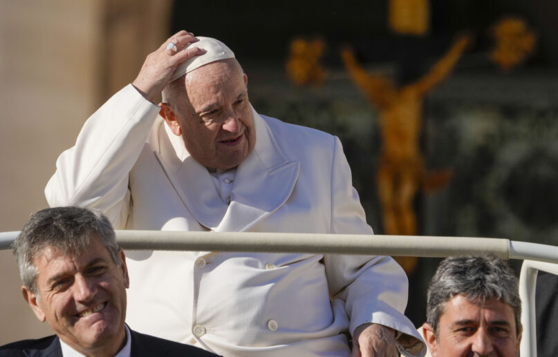 Pope Francis leaves at the end of his weekly general audience in St. Peter's Square at The Vatican, Wednesday, Nov. 30, 2022. (AP Photo/Andrew Medichini)