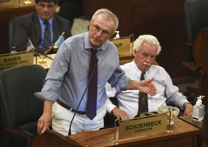 FILE - South Dakota state Sen. Lee Schoenbeck asks a question of the defense during the impeachment trial of Attorney General Jason Ravnsborg on June 21, 2022, at the South Dakota state Capitol in Pierre, S.D. (Erin Woodiel/The Argus Leader via AP, File)