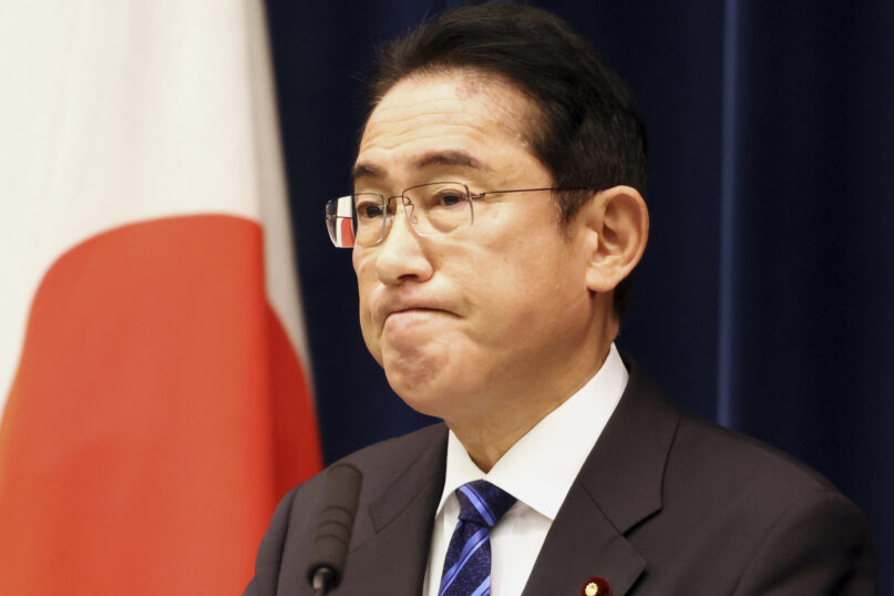 Japanese Prime Minister Fumio Kishida pauses for a moment as he speaks before media members at his official residence in Tokyo, Saturday, Dec. 10, 2022, after an extraordinary Diet session. (Yoshikazu Tsuno/Pool Photo via AP)