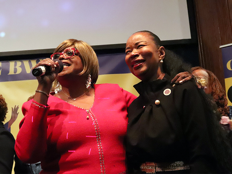 The Rev. Suzan Johnson Cook, left, speaks next to the Rev. Sheila McKeithen during a Black Women in Ministry event at the National Press Club, Friday, Dec. 2, 2022, in Washington. RNS photo by Adelle M. Banks