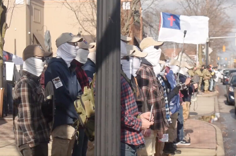 Patriot Front members protest outside First Unitarian Universalist Church of Columbus in Columbus, Ohio, on Dec. 3, 2022. Video screen grab via Twitter/@BGOnTheScene