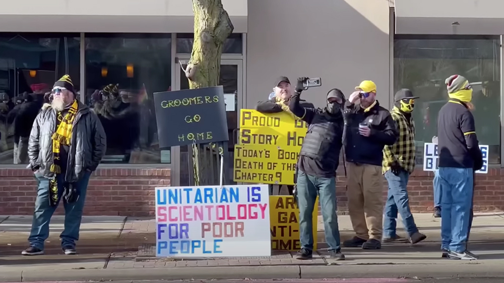 Proud Boys members protest near First Unitarian Universalist Church of Columbus in Columbus, Ohio, on Saturday, Dec. 3, 2022. Video screen grab via Twitter/@BGOnTheScene