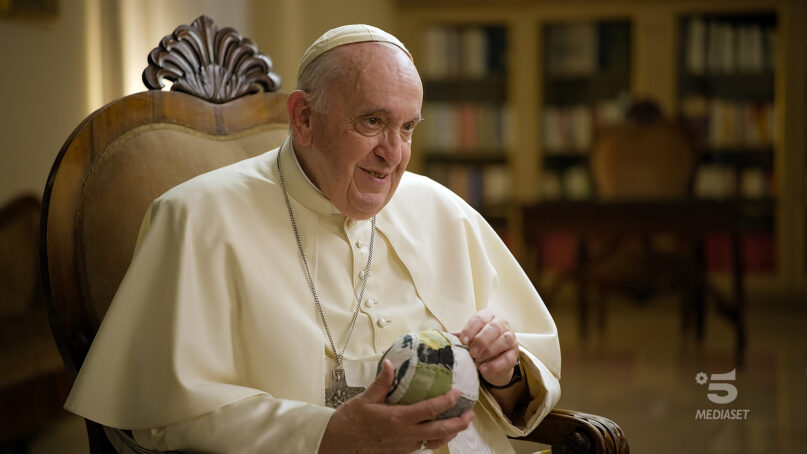 Pope Francis speaks during a recent interview with Italian TV channel Canale 5. Photo courtesy of Canale 5