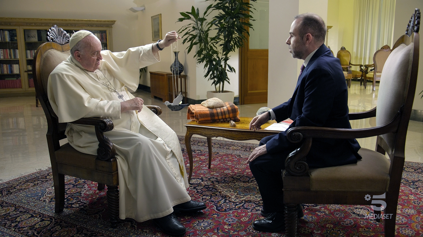 Pope Francis in a recent interview with Italian TV channel Canale 5. Photo via Canale 5