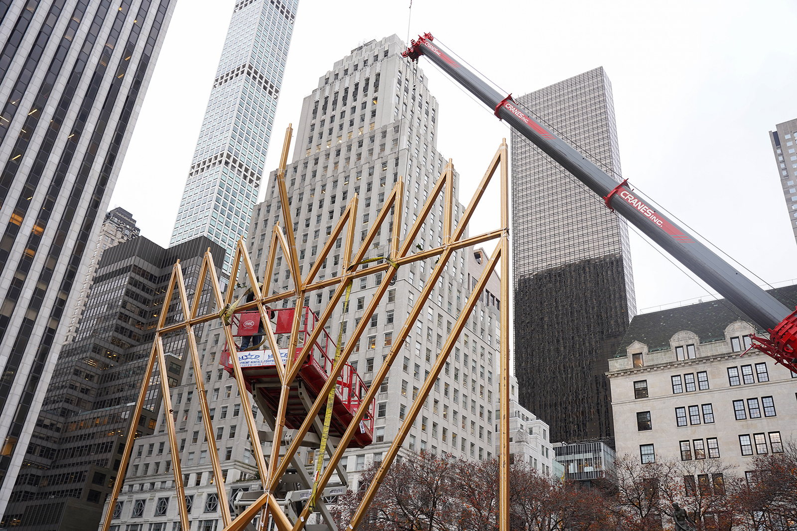 A 36-foot menorah is assembled outside the Plaza Hotel in New York City on Dec. 15, 2022, ahead of the start of Hanukkah. Photo by Muli Berger/Lubavitch Youth Organization