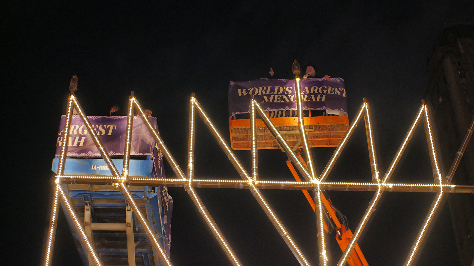 A 36-foot menorah - the world's largest - is lit in New York City on Dec. 18, 2022, to mark the start of Hanukkah. Photo by Yossi Soibelman/Lubavitch Youth Organization