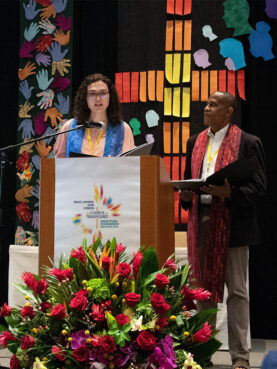 Madeline Marlett, left, gives the closing prayer at the DignityUSA 2022 conference in San Diego in July 2022. The Rev. Bryan Massingale is at right. Photo by Tom Watson