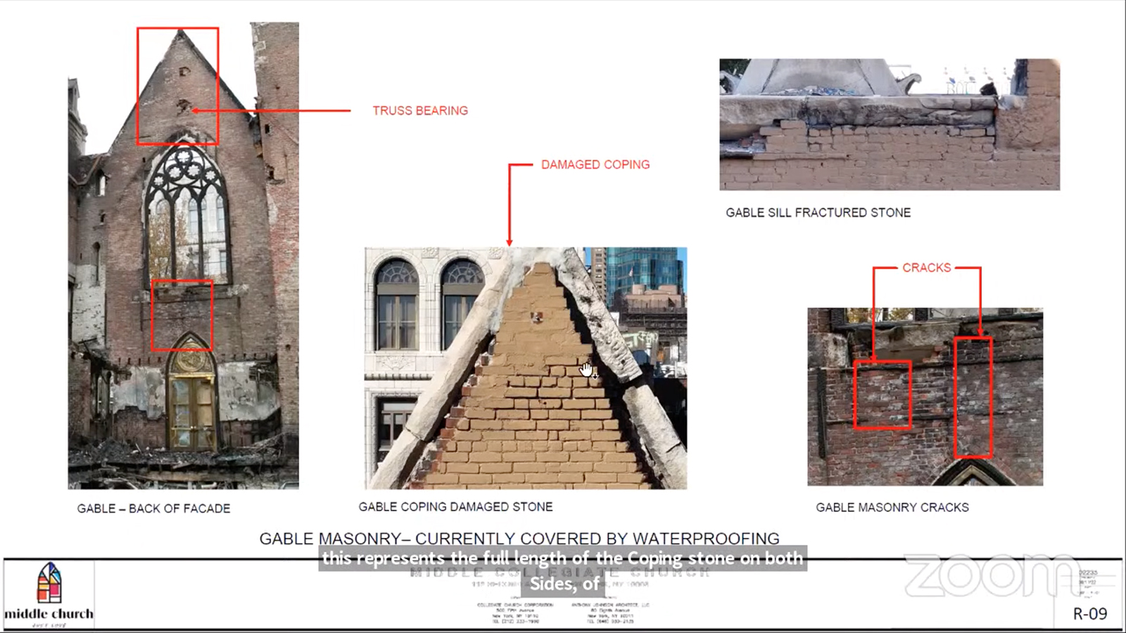 Examples of damage to Middle Collegiate Church are presented during a virtual meeting of New York City’s Landmarks Preservation Commission, Tuesday, Dec. 13, 2022. Video screen grab