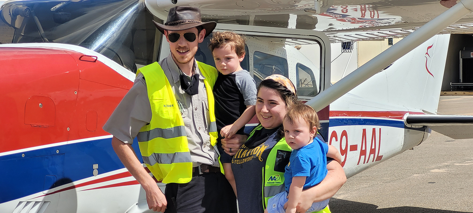 Missionary pilot Ryan Koher with his wife, Annabel, and their sons in April 2022. Ryan Koher has been detained in Mozambique since early November. Photo courtesy of Mission Aviation Fellowship
