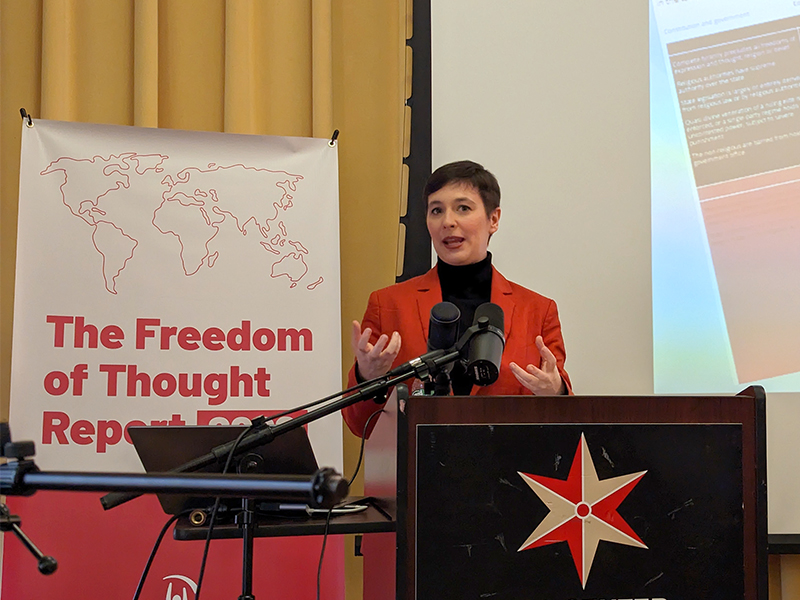 Emma Wadsworth-Jones presents Humanists International's “Freedom of Thought Report," Thursday, Dec. 8, 2022, in Washington. Photo courtesy of American Atheists