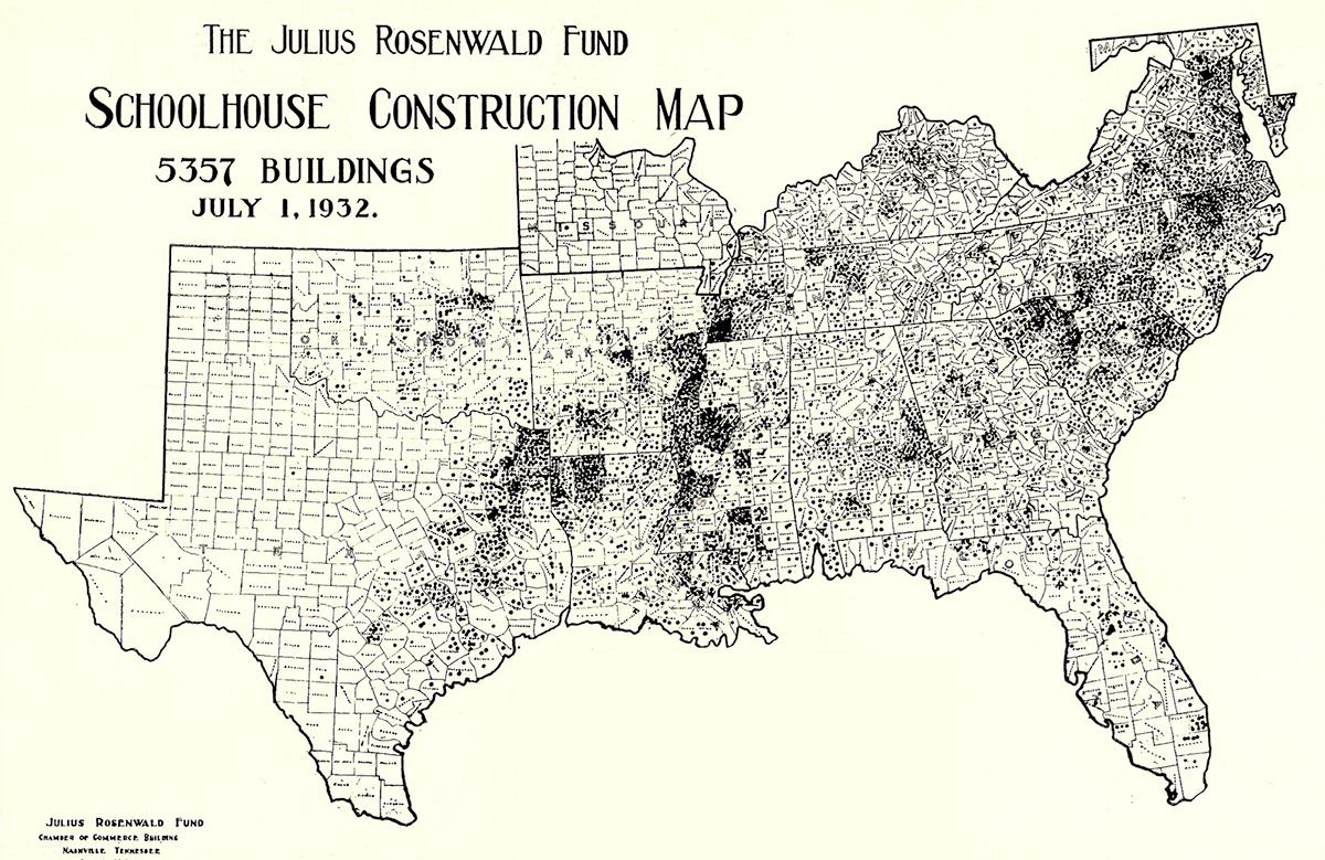 The Rosenwald Fund school building program gave African American communities funding to build and supply schools for Black students between 1913 and 1932. Each dot on the map represents one Rosenwald School. (Fisk University, John Hope and Aurelia E. Franklin Library Special Collection, Julius Rosenwald Fund Archives)
