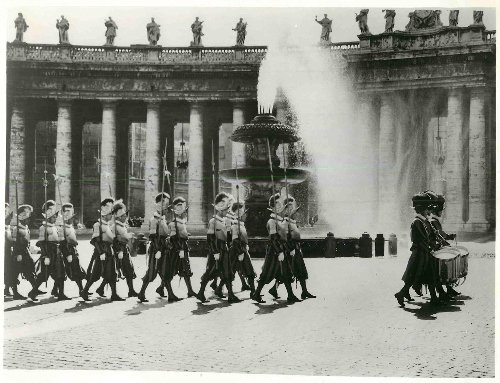 Members of the Swiss Guard march in a traditional manner at St. Peter's Square shortly before the opening of the Second Vatican Council in Oct. 1962. RNS archive photo