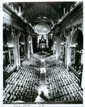 Prelates and religious dignitaries from around the world fill St. Peter's Basilica at the Vatican as a concelebrated Mass opens the Second Vatican Council on Oct. 11, 1962. RNS archive photo