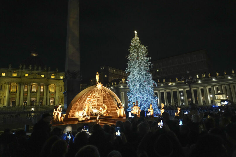 A view of St. Peter's Square following the Christmas tree and nativity scene lighting ceremony at the Vatican, Saturday, Dec. 3, 2022. (AP Photo/Gregorio Borgia)